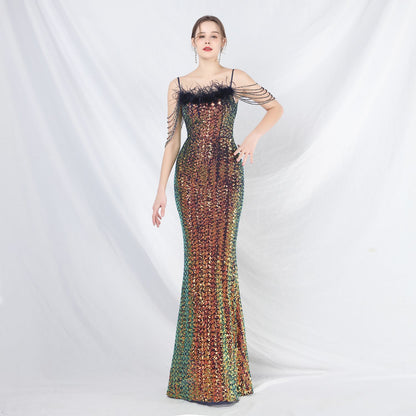 Beaded Ostrich Feather Colorful Sequin Long Evening Dress