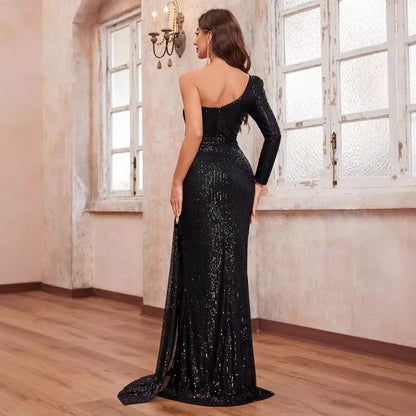 Vestido de noche de fiesta para mujer, con lentejuelas y diamantes de imitación, manga de un solo hombro, con aberturas y cortes, vestido de noche de fiesta