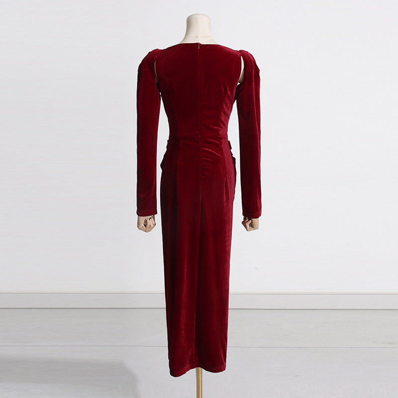 Robe longue plissée torsadée de couleur unie à col carré pour femme