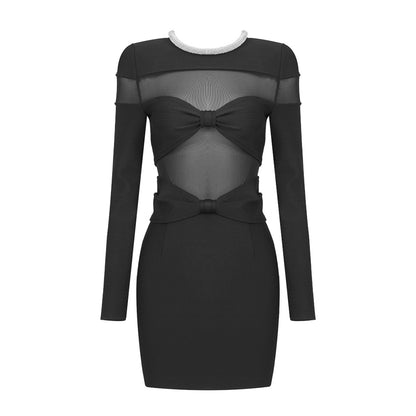 Robe de printemps en maille strass, robe noire à manches longues, Semi-transparente, vêtements Sexy pour femmes