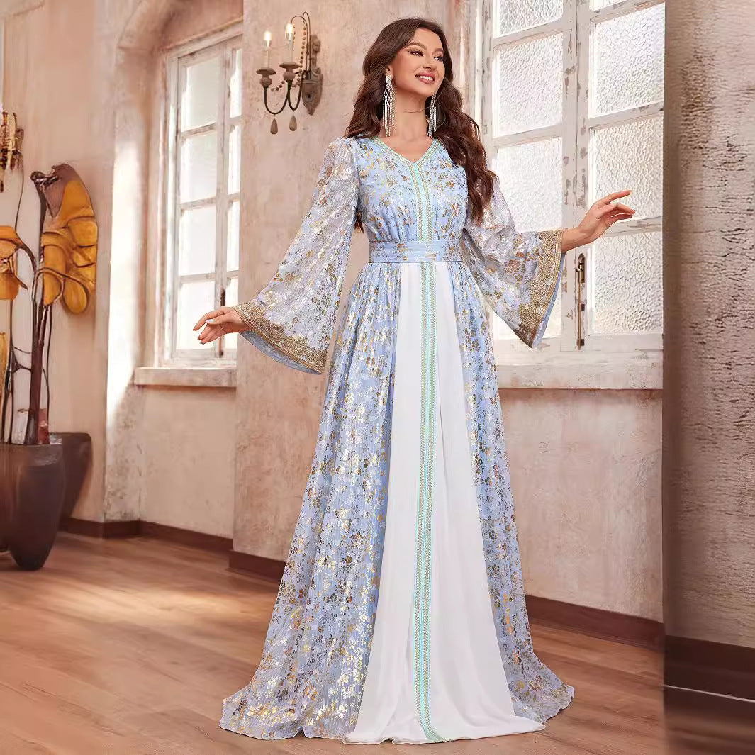 High Class Dubai Maxi Dress Women Middle East Dress Printed V neck Long Sleeve Ethnic Dress