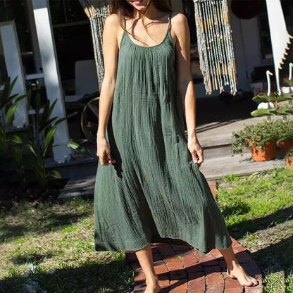 Cotton Casual Cami Dress Summer Vacation Women Maxi Dress Loose Solid Color Backless Double Layer Gauze Sleeveless Dress