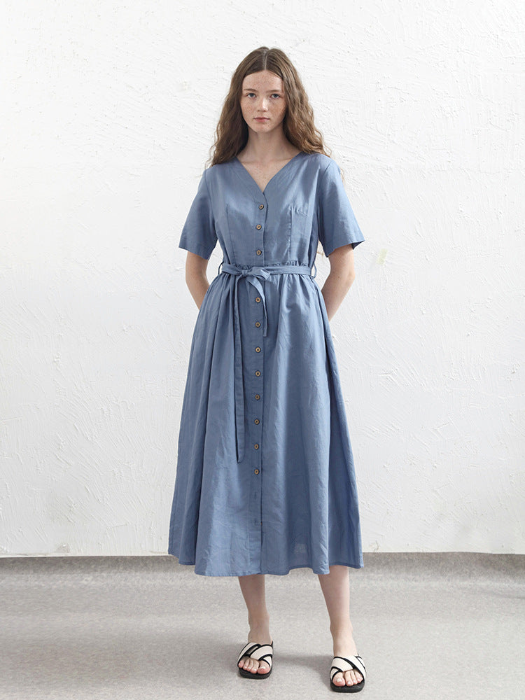 Robe trapèze à manches courtes en coton et lin de niche, vêtements pour femmes, printemps été, col en V, simple rangée de boutons, robe longue