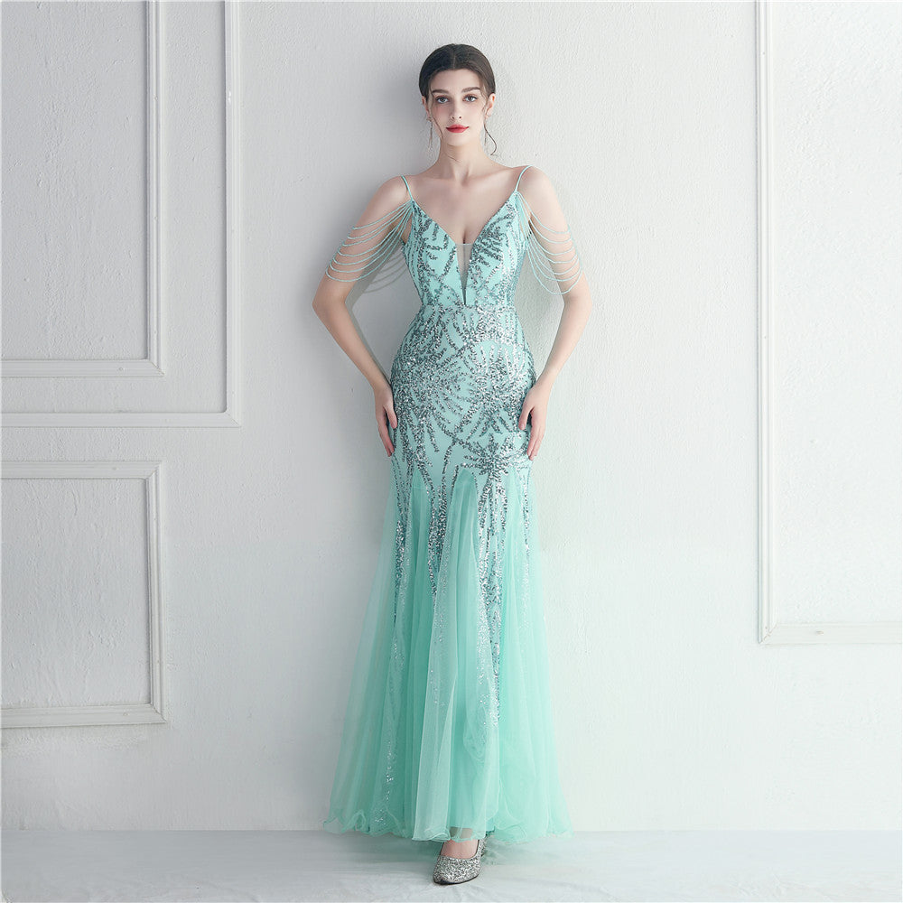 Beaded Bridal Wedding Dinner Long Camisole Evening Dress