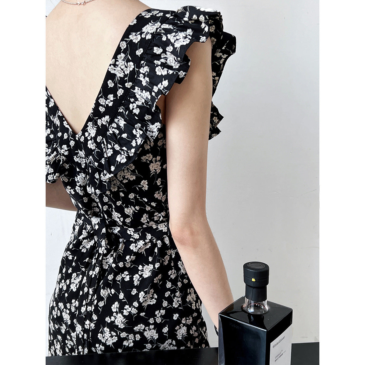 Square Collar Ruffled Floral Dress Women Summer Flying Sleeves Elegant Hepburn Dress