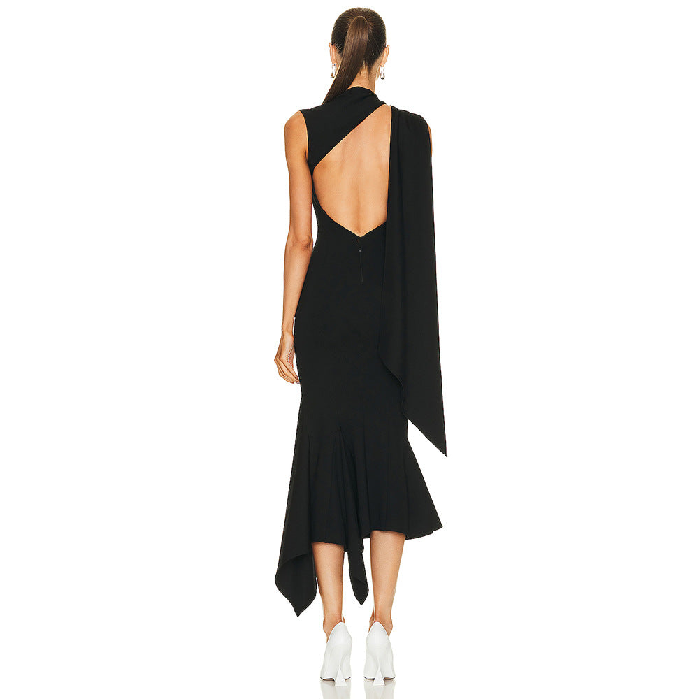 Black Backless Sleeveless Cutout Shawl Ribbon Dress Women Clothing Hip