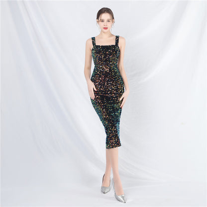 Velvet Bottom Imitation Handmade Magic Color Sequined Dress Daily Dress