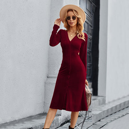 V neck Socialite Wine Red Dress Autumn Winter Korean Velvet Midi for Women