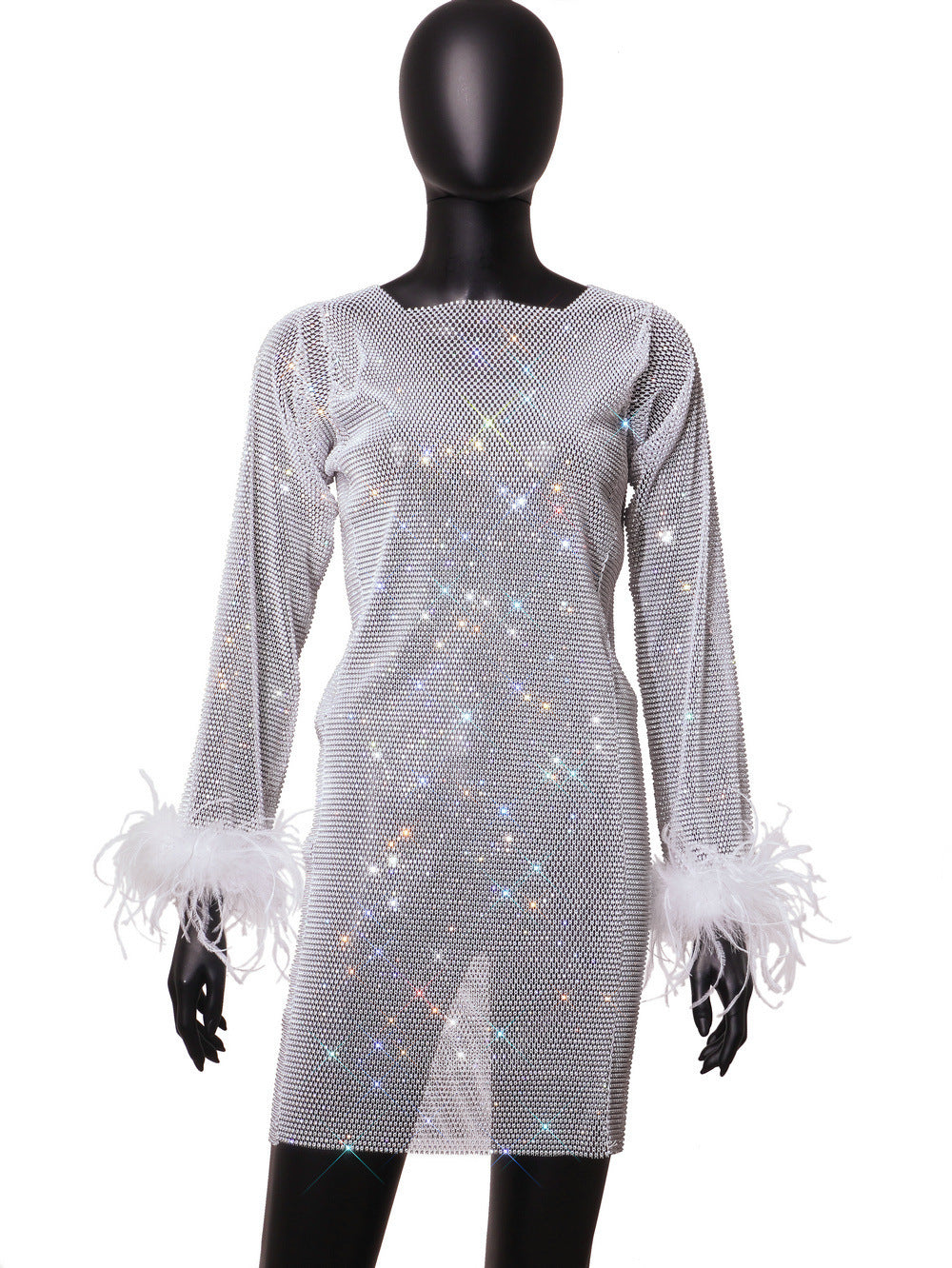 Robe d'été sexy en maille strass à manches longues et fourrure