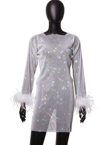 Summer Sexy Rhinestone Mesh Long Sleeve Furry Dress