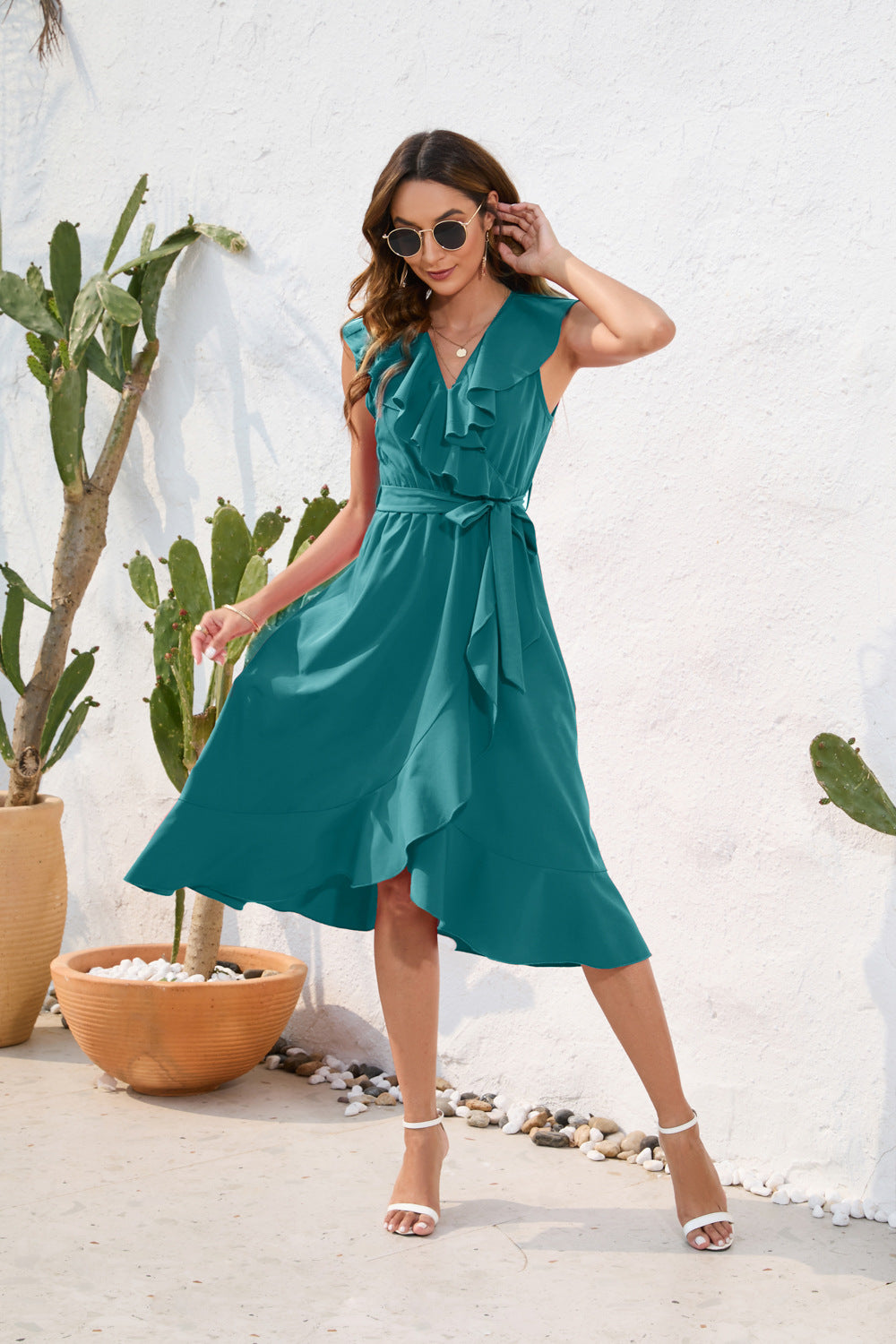 Ropa de mujer cintura ajustada vestido Sexy con cuello en V vestido informal de viaje de vacaciones vestido de Color sólido sin mangas dividido