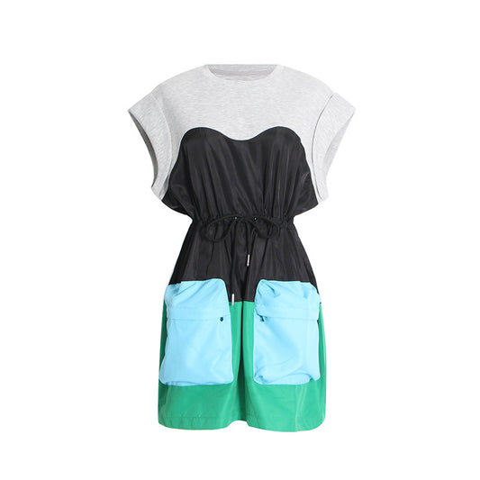 Women Fashionable Short with Elegant Design Spring Fashionable Drawstring Women Dress with Contrast Color Stitching