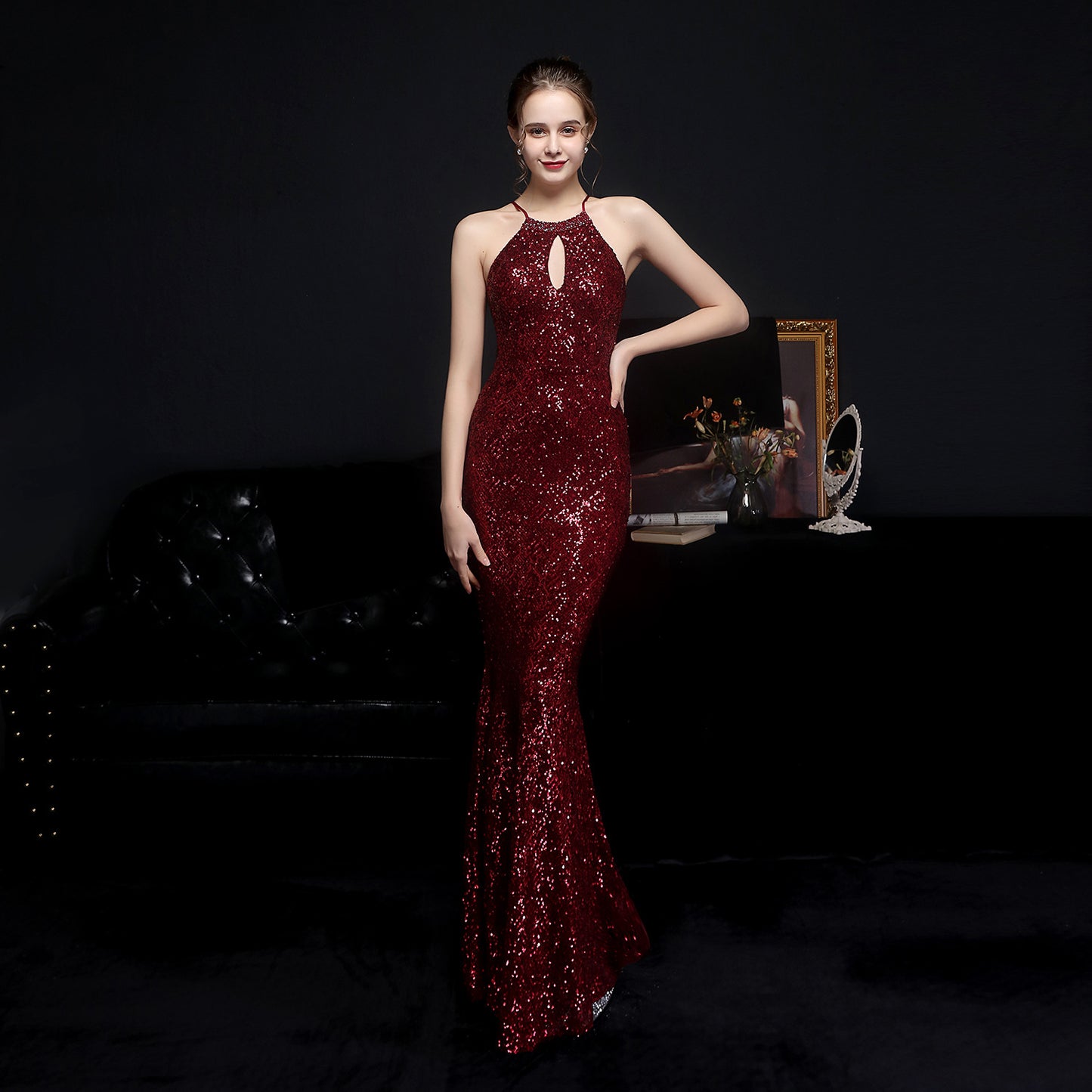 Cocktail Elegant Long Halter Set Diamond Sequined Aura Queen Fishtail Evening Dress