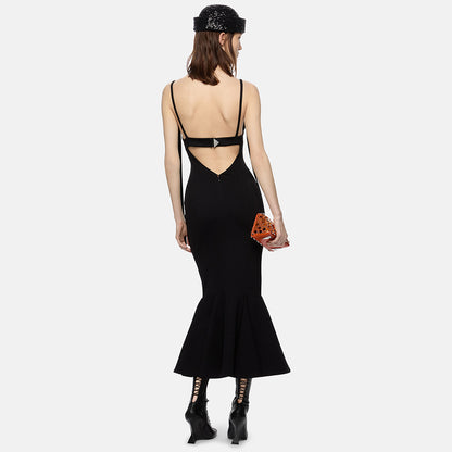 Black Backless Floating Rope Fishtail Suspender Bandage Dress Elastic Hip Women Wear