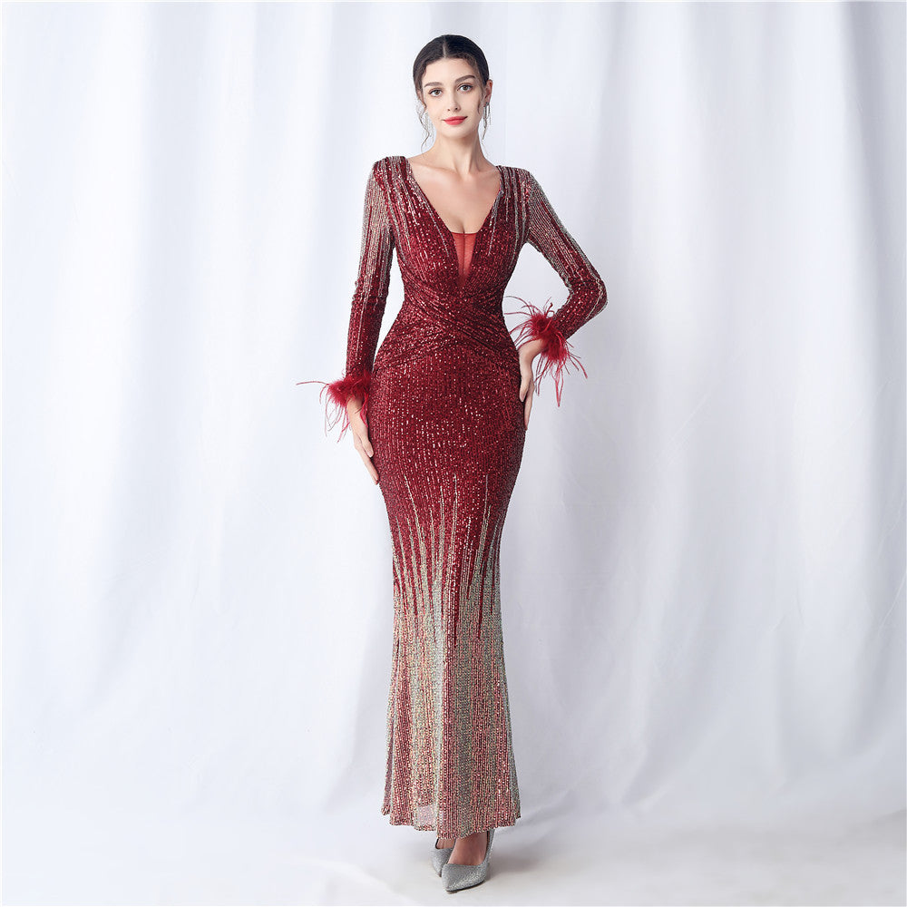 Craft Order Ostrich Feather Gradient Sequin Long Sleeve Evening Dress