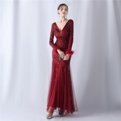 Ostrich Hair Mesh Sequin High End Evening Dress