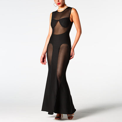 Dress Sexy Slim Mesh Stitching Tube Top Cutout out See through Maxi Dress High Sense