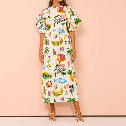 Summer Women Clothing Printed Puff Sleeve Pocket Belt Mid Length Dress