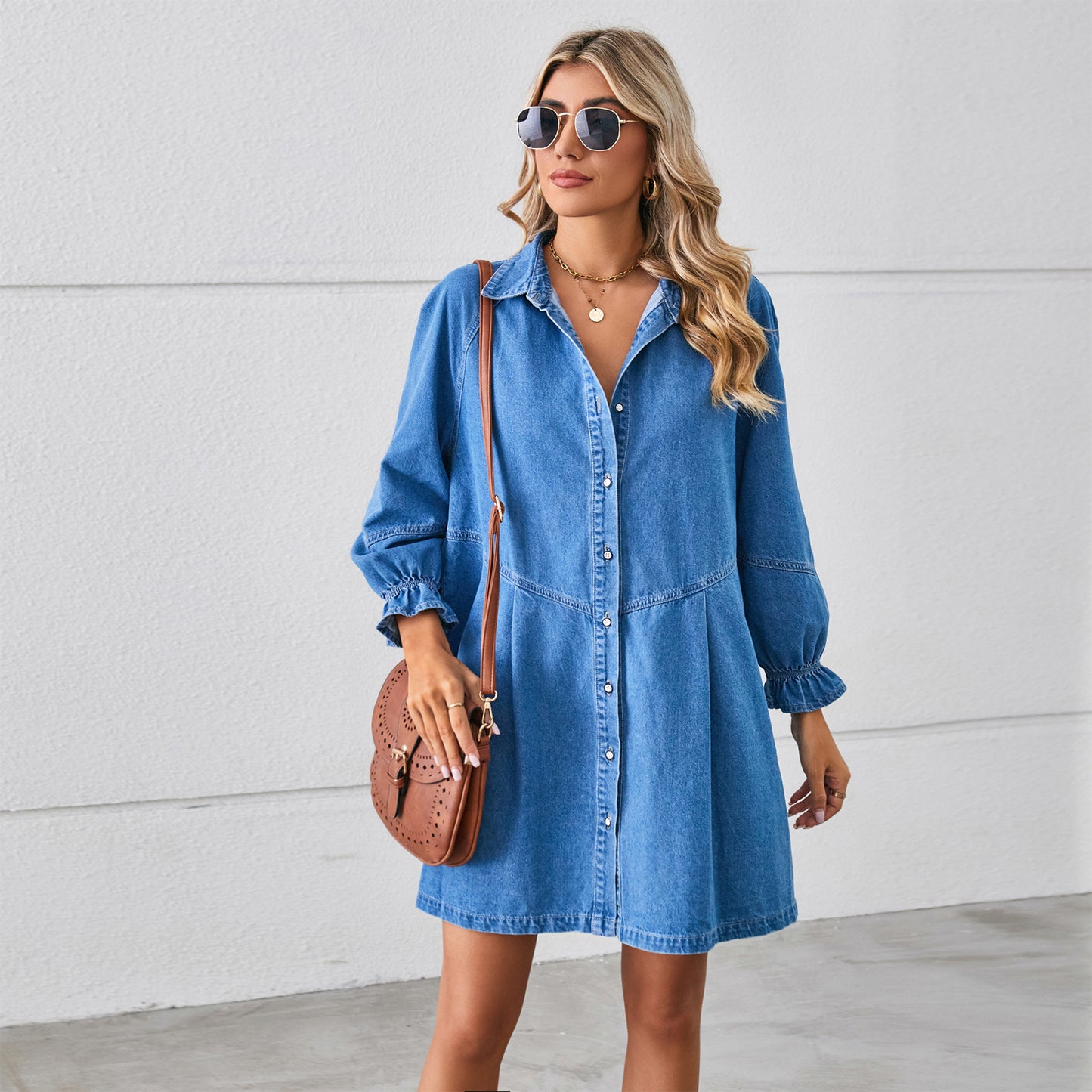 Robe en jean ample délavée à manches longues et coutures, robe mi-longue pour femme