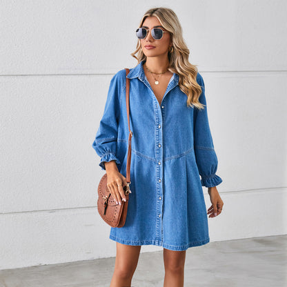 Robe en jean ample délavée à manches longues et coutures, robe mi-longue pour femme