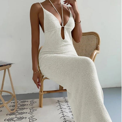 Women Clothes Sexy Sexy Cutout Lace Up Halter Spaghetti Straps Stitching Dress Maxi Dress Women