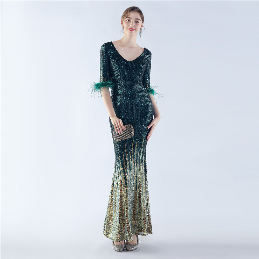 Craft Ostrich Feather Gradient Sequin Half Sleeve High End Evening Dress