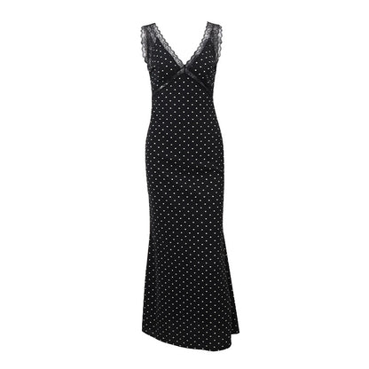 Robe d'été Sexy et élégante en dentelle, couture à pois, taille haute, Slim