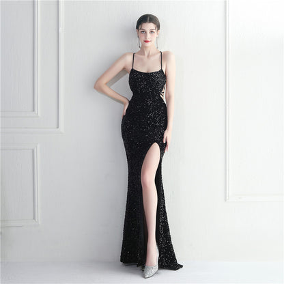 Velvet Bottom Sequin Halter Spaghetti Straps Nightclub Dress Long Fish Tail Evening Dress