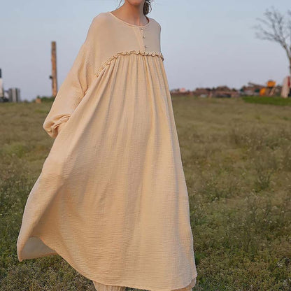 Double Layer Gauze Dress Korean Women Dressing Gown Loose Casual Wooden Ear Stitching Niche Nightdress