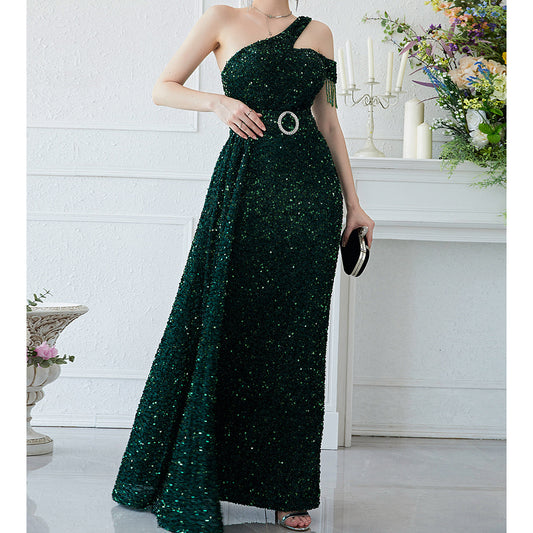 Elegant Dress Sequin off Shoulder Sleeveless Prom Evening Dress Slim Fit Sequined Fishtail Dress