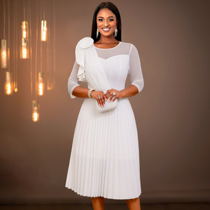 Elegant Pure White See through Sleeve Pleated Dress Party Cocktail Dress