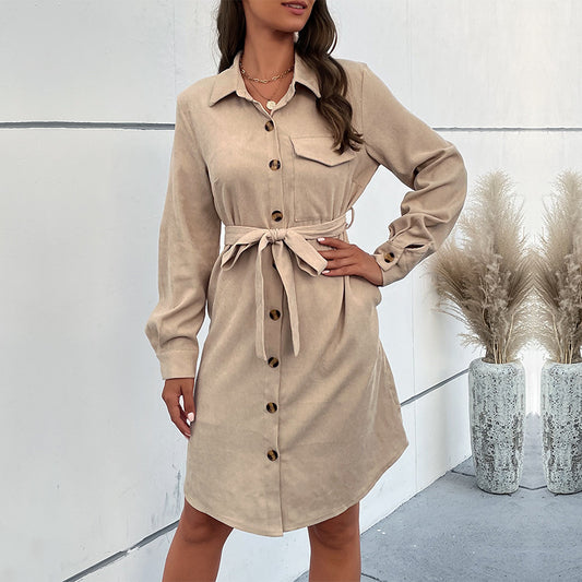 Autumn Dress Long Sleeve Solid Color Corduroy Shirt Dress