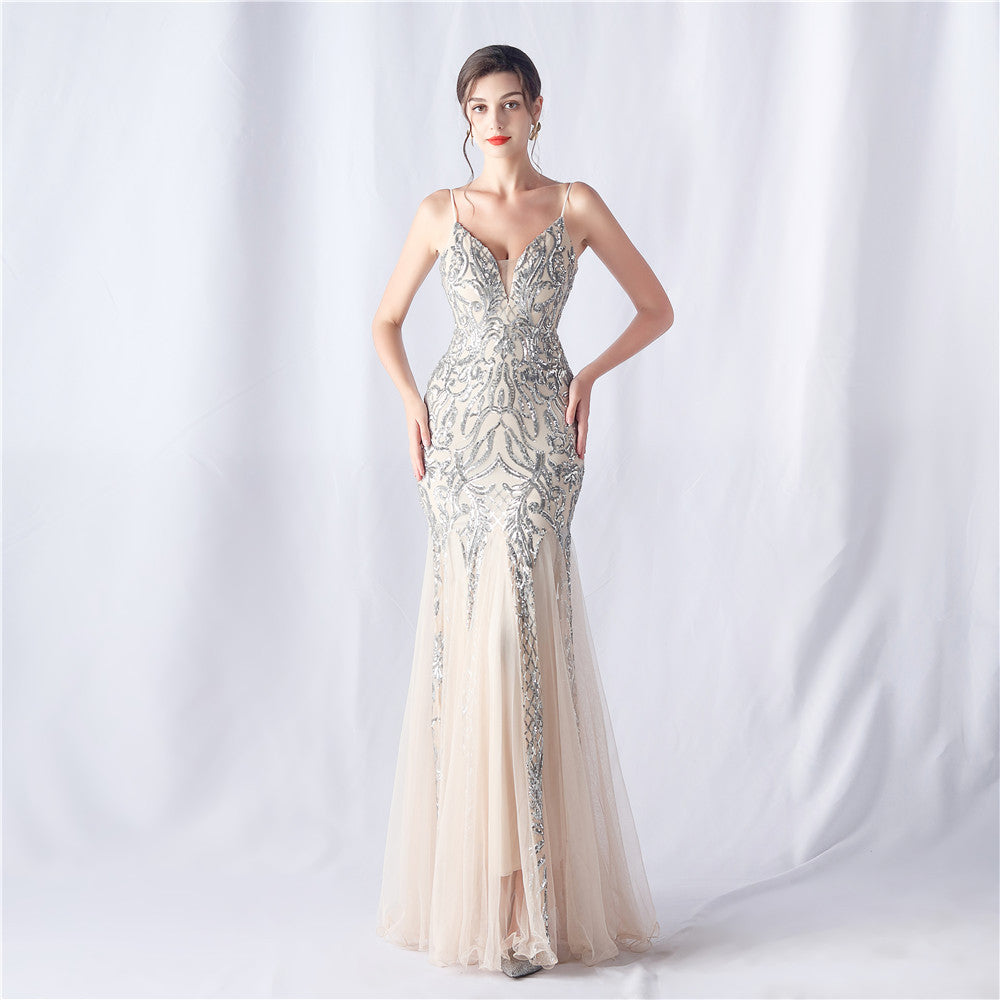 Floral Sequin Mesh High End Evening Dress