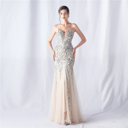 Floral Sequin Mesh High End Evening Dress