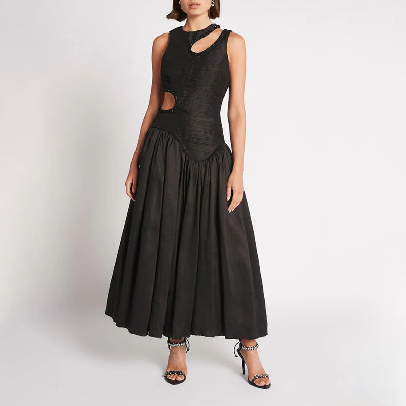 Robe longue plissée à taille haute pour femme, design de minorité tempéramentale, ajourée, découpée, amincissante, vêtements pour femmes