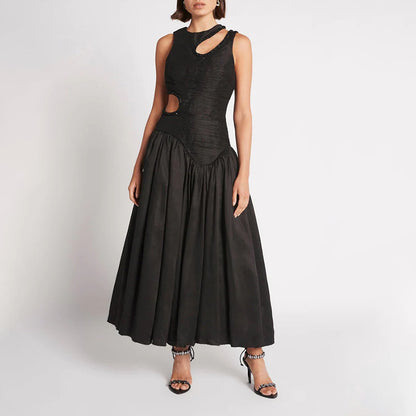 Robe longue plissée à taille haute pour femme, design de minorité tempéramentale, ajourée, découpée, amincissante, vêtements pour femmes