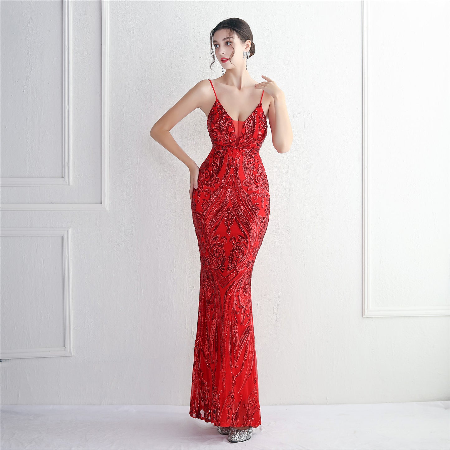 High Density Three Dimensional Strong Sequin Positioning Floral Dress Long Cocktail Slim Fit Evening Dress Elegant