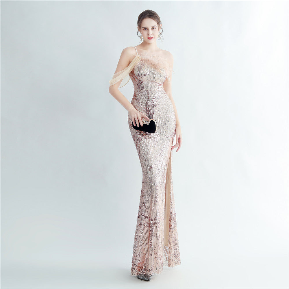 High Density Ostrich Feather Craft Beading High End Evening Dress