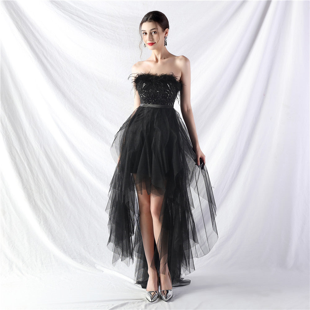 Hand Ordered Ostrich Feather Positioning Floral Sequin Mesh Front Short Back Long Wrapped Chest Evening Dress