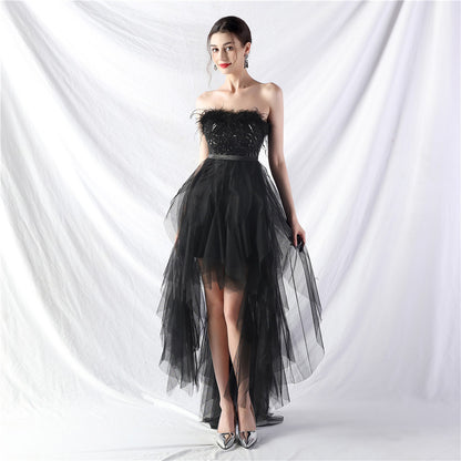 Hand Ordered Ostrich Feather Positioning Floral Sequin Mesh Front Short Back Long Wrapped Chest Evening Dress