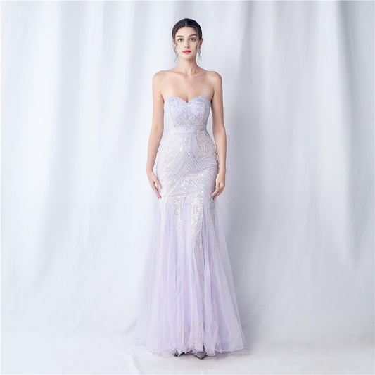 Floral Cutting Mesh Sequin Wedding Dinner Toast Annual Party Evening Dress