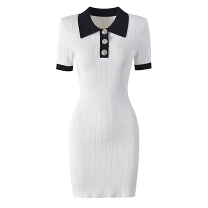 High Quality Knitted Material Collared Slim Slimming Short Sleeve Dress