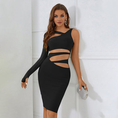 Hollow Out Cutout Irregular Asymmetric One Shoulder Dress Autumn Sexy Elegant Bodycon Long Sleeve Bandage Dress