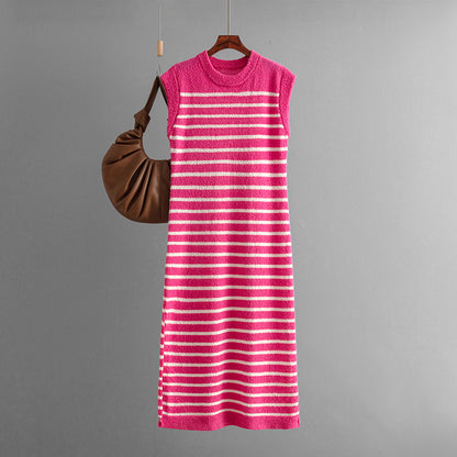 Summer Slim Fit Inter Color Women Knitwear Striped Dress