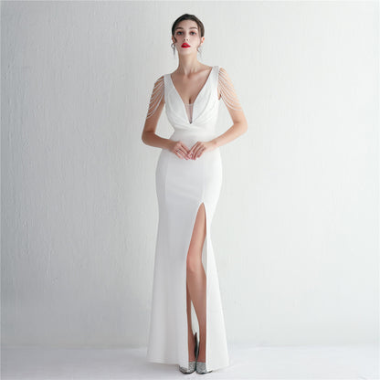 Satin Craft Beaded Long Banquet Slim Fit Evening Dress Elegant Long Sequin Annual Meeting Host