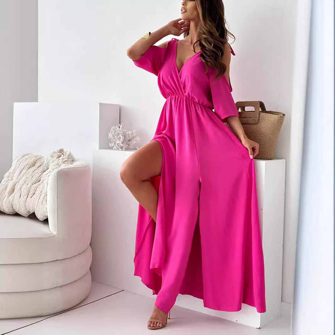 Robe mi-longue à manches mi-longues pour femmes, vêtements couleur unie, écharpe Sexy