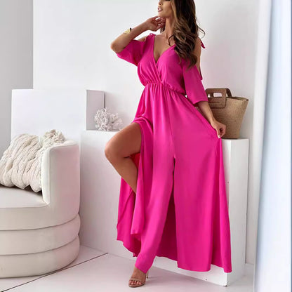 Women Clothing Solid Color Sexy Sling Half Sleeve Mid Length Dress