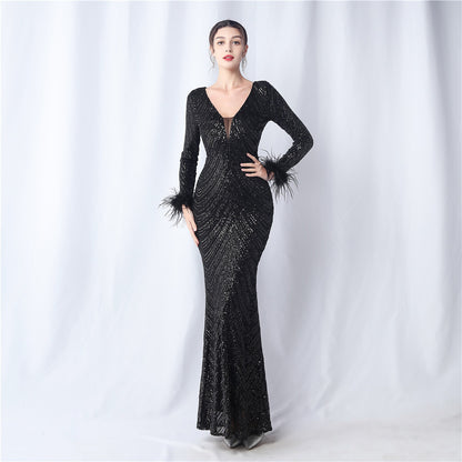 Ostrich Feather Positioning Floral Sequin Long Sleeve High End Evening Dress