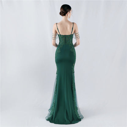 Heavy Embroidery Drilling Boning Corset Vest Lace Beaded High Fork Evening Dress