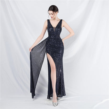 Robe longue de soirée à paillettes et ruban pour femme